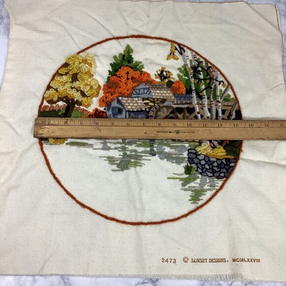 Vintage Mabry Mill Fall Autumn Needlepoint Tapestry Fabric Panel 19" x 20" - Picture 6 of 7